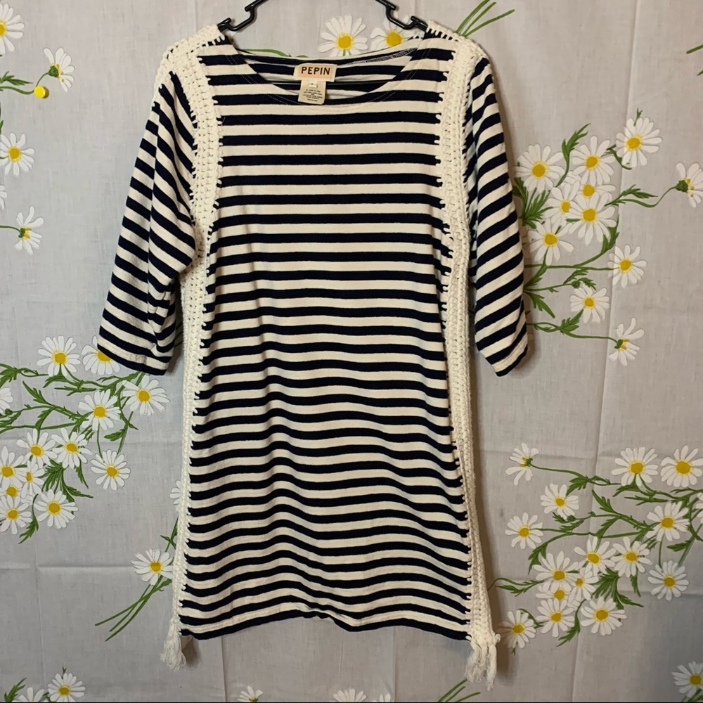 Anthropologie PEPIN navy blue white stripe crochet inset nautical tshirt dress - Picture 3 of 6